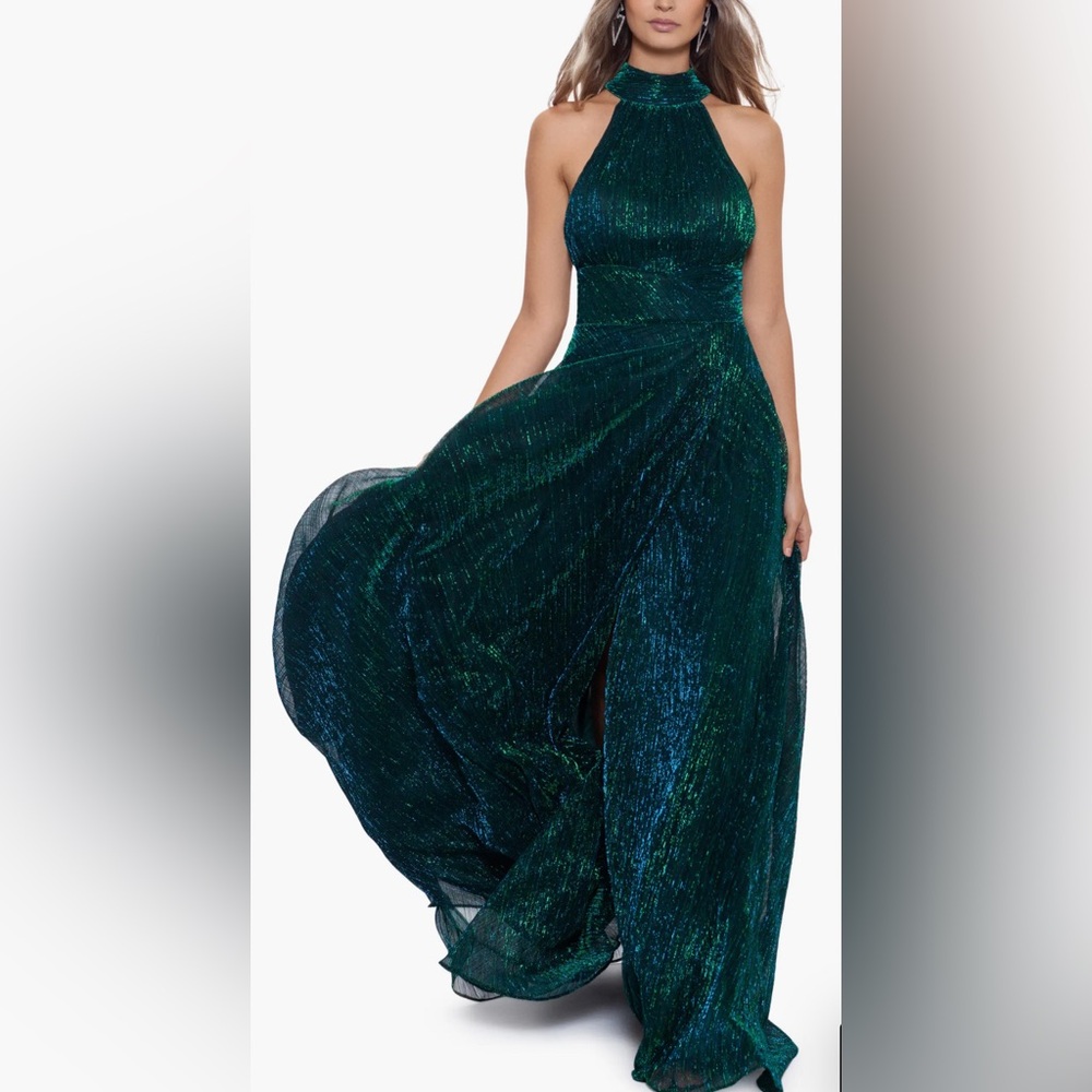 Betsy & Adam Halter Mock Neck Crinkle Faux Wrap Gown